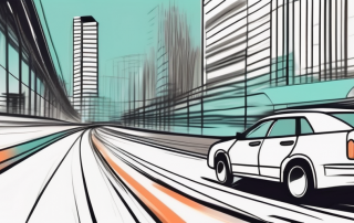 A city street with a speed limit sign and a car with motion blur to indicate fast driving