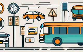 A bus with various driving-related icons such as steering wheel
