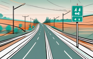 A cityscape on one side transitioning into a countryside road on the other