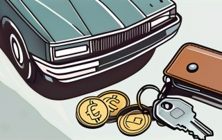 A wallet with euro bills and coins next to a car key and a driving license