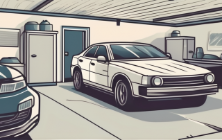 A car in a garage with visible insurance policy documents on the table