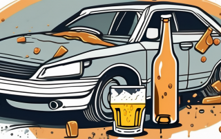 A broken car and a spilled beer bottle