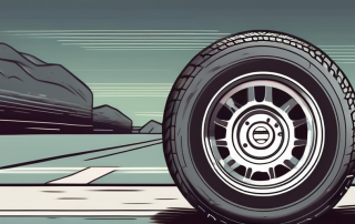 A car tire with a detailed and visible tread pattern on a road