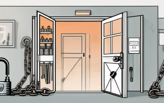 A workshop with various tools and a chained padlock on the door