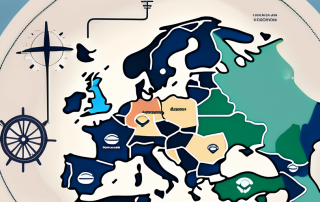 A european union map with various driving-related symbols such as a steering wheel