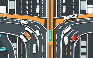 A busy intersection with various traffic signs indicating prescribed driving directions