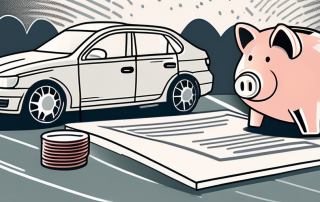 A car with visible damages parked next to an insurance policy document and a piggy bank