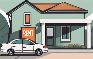 A car with rental tags hanging from the rearview mirror