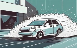 A car being pelted by hailstones with a protective shield symbolizing insurance