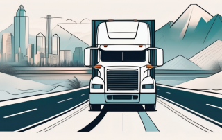 A large truck on a scenic route with various significant landmarks in the background to represent the importance of a truck drive