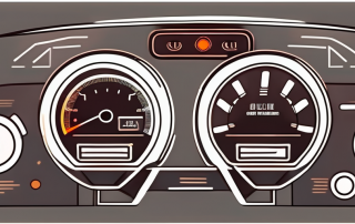A car dashboard with various control lights illuminated