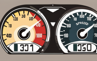 A car speedometer exceeding the speed limit sign