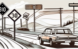 A rural road with various speed limit signs