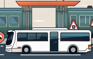 A german bus with a 'd' license plate parked near a driving school