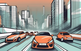 A cityscape with various speed limit signs and a speeding car with motion blur to indicate fast driving