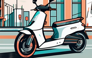An e-scooter parked on a city street with various traffic signs and symbols in the background