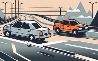 A chaotic highway scene with various elements like a car skidding due to wet road
