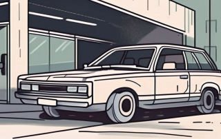 A car with open doors and broken windows in a dimly lit
