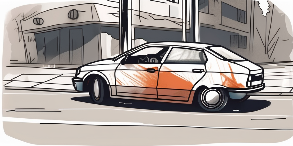 A damaged car parked on the side of a german street with visible scratches and dents