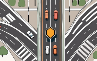 A typical city intersection with various traffic signs indicating the right turn