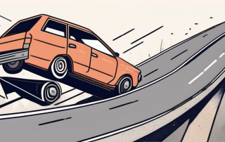 A crashed car on a downward arrow