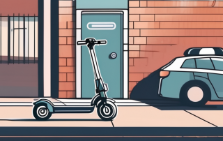 An electric scooter parked on a sidewalk with a police siren in the background