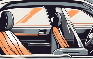 A car seat with a glowing seatbelt sign on the dashboard