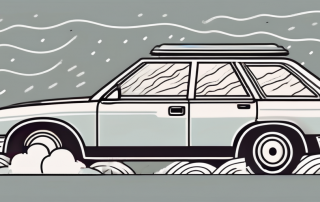 A car with noticeable hail damage under a stormy sky