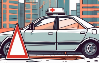 A crashed car with a first aid kit and safety triangle nearby