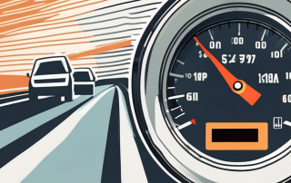 A speedometer needle pushing past the limit on a german highway