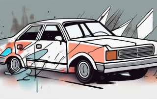 A vandalized car with broken windows and spray paint