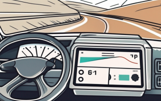 A driver's card placed on a dashboard with a truck and a digital tachograph in the background