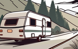 A caravan being towed by a car on a scenic road