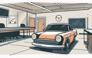 A classroom setting with driving related items such as traffic signs