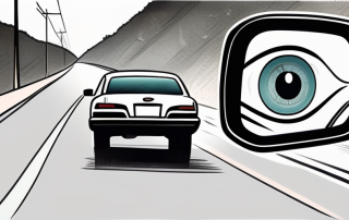 A car on a road with a large eye symbol in the rear-view mirror