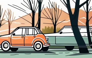 A car with a seasonal license plate parked in a scenic landscape