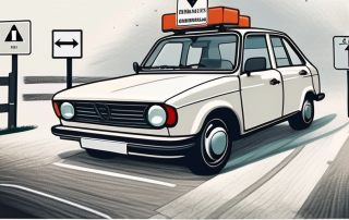 A car on a driving course with various road signs and obstacles