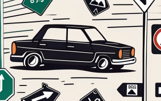 A car on a road with various traffic signs and obstacles