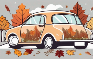 A car with a seasonal license plate on a scenic road surrounded by symbols of the four seasons (snowflakes for winter