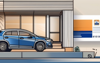 A driving license card next to a tüv (technical inspection association) building