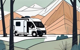 A motorhome parked in a scenic location with a protective shield symbol hovering above it