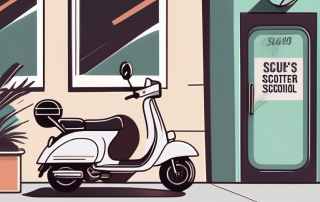 A scooter parked next to a driving school sign