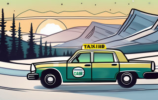 A taxi cab in a northern landscape