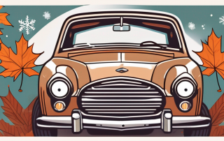 A vintage car with a seasonal license plate parked in a garage