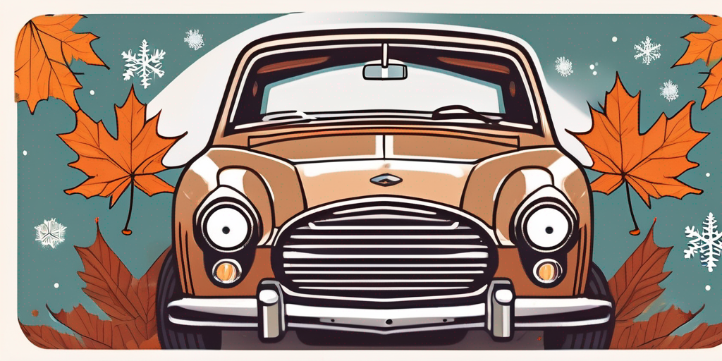 A vintage car with a seasonal license plate parked in a garage