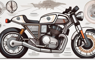 A large motorcycle with various parts labeled in a detailed and comprehensive manner