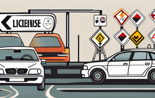 A german class 12 driving license alongside a car and various road signs