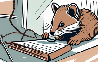 A marten chewing on car cables with a insurance policy document and a magnifying glass in the background