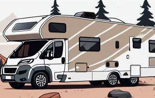 A large 7.5-ton motorhome parked in a scenic camping spot