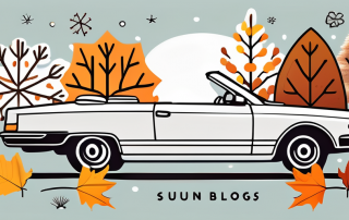 A convertible car with a seasonal license plate surrounded by symbols of the four seasons (like snowflakes for winter
